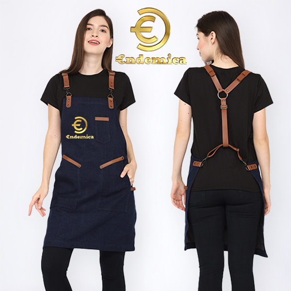 Apron barista Celemek cafe Apron barbershop  black denim &amp; synthetic leather crossback strep for barista/barbershop