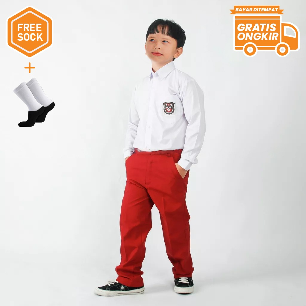 Setelan Seragam Sekolah SD Merah Putih Anak Laki-Laki Lengan Panjang Celana Panjang Bonus Kaos Kaki