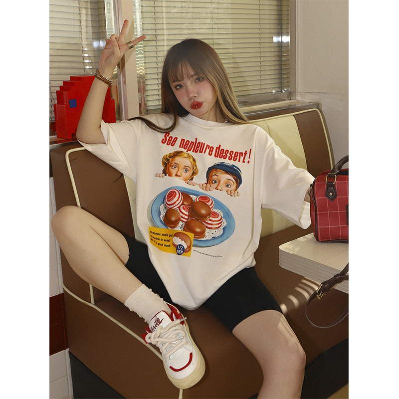 american vintage baju kaos wanita lengan pendek cartoon motif printed oversize t-shirt import premium kekinian kaos cream