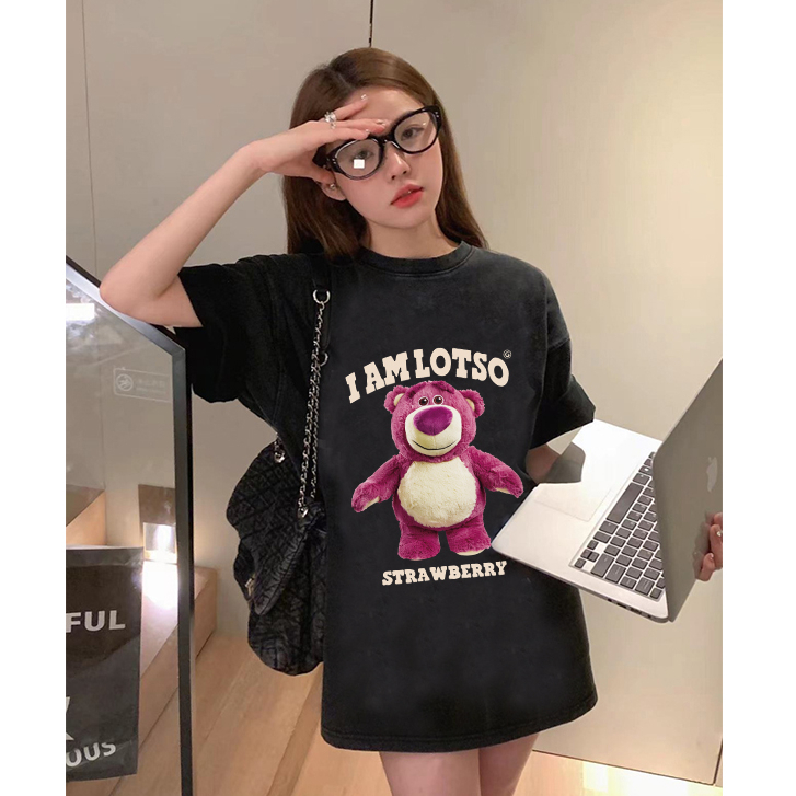 baju oversize kekinian lengan pendek cartoon motif strawberry bear printed kaos hitam import baju atasan wanita terbaru