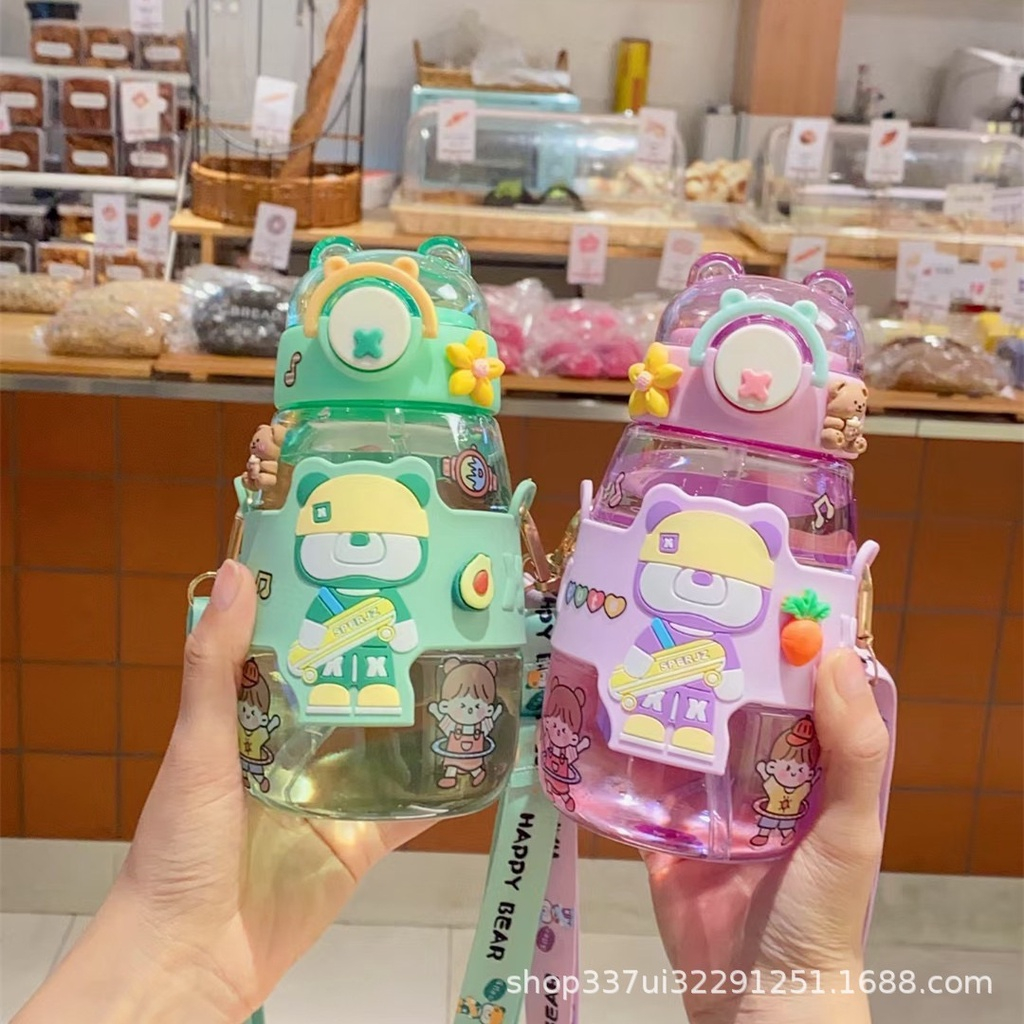 Botol Minum Anak Tali Panjang + Sedotan Kapasitas 600ml Free Sticker 2D Dan 3D Kode Hx 741