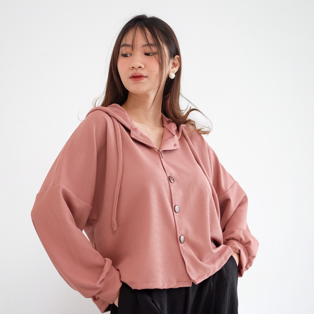 Terlaris Hoodie Knit Button Crop Atasan Wanita Top Hijab Busui Friendly