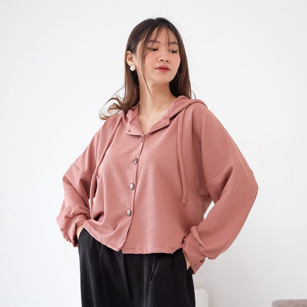 Hoodie Knit Button Crop Atasan Wanita Top Hijab Busui Friendly
