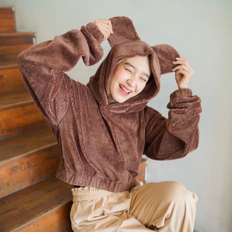 Hoodie Sherpa Bulu Crop Wanita Korean Style