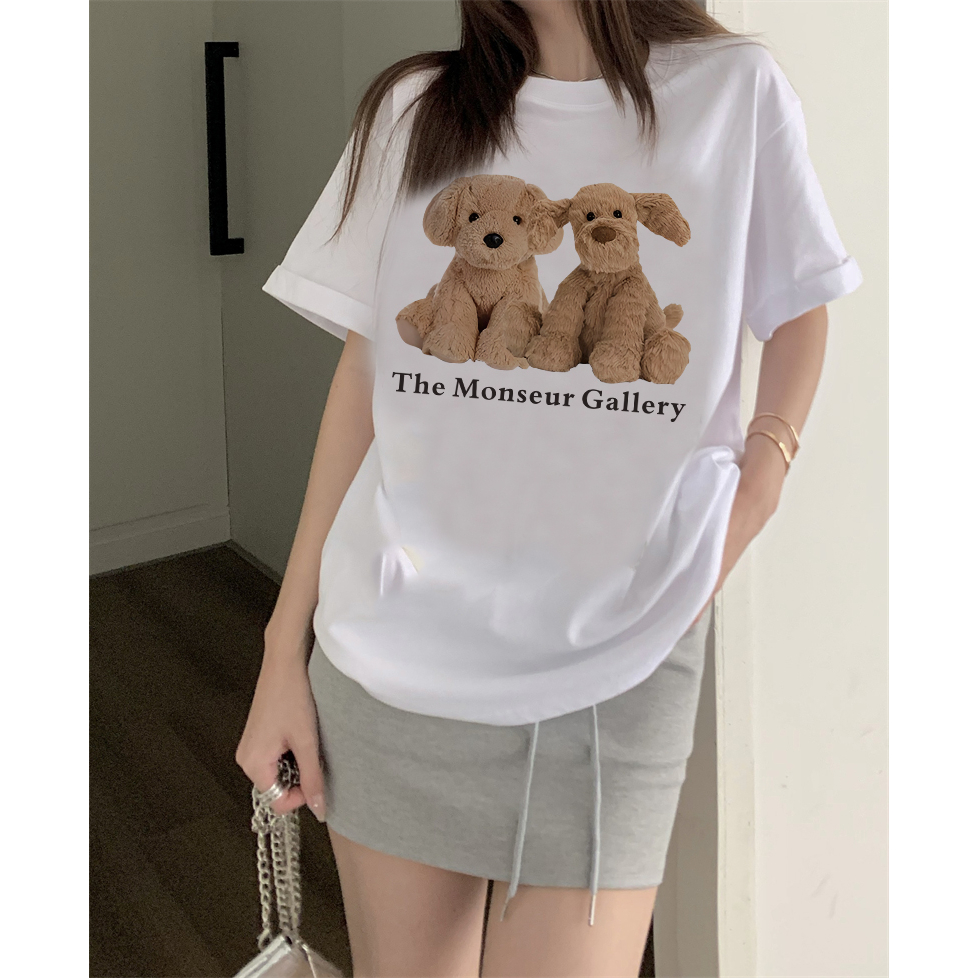 EUNII T-shirt Lengan Pendek Monseur Plush Dog Korean Style/Kaos Atasan Wanita/Baju Kaus Oversize Wanita/Kaos Wanita