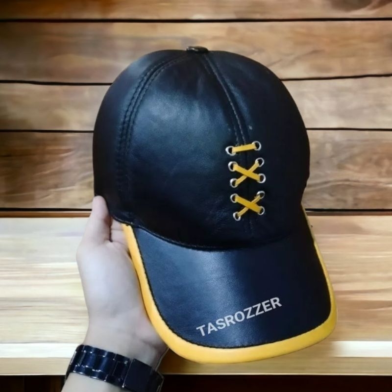 Topi pria kulit asli warna biru variasi tali