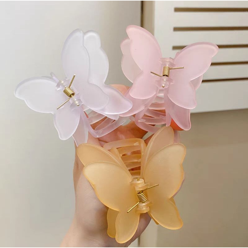 Jepit Rambut Kupu Kupu Jumbo 7cm Dua Sayap Warna Salem Bubble Gum Jedai Doff Kupu Sayap Ganda Jepitan Rambut Transparan Matte Double Layer Korean Butterfly Hair Claw Clips