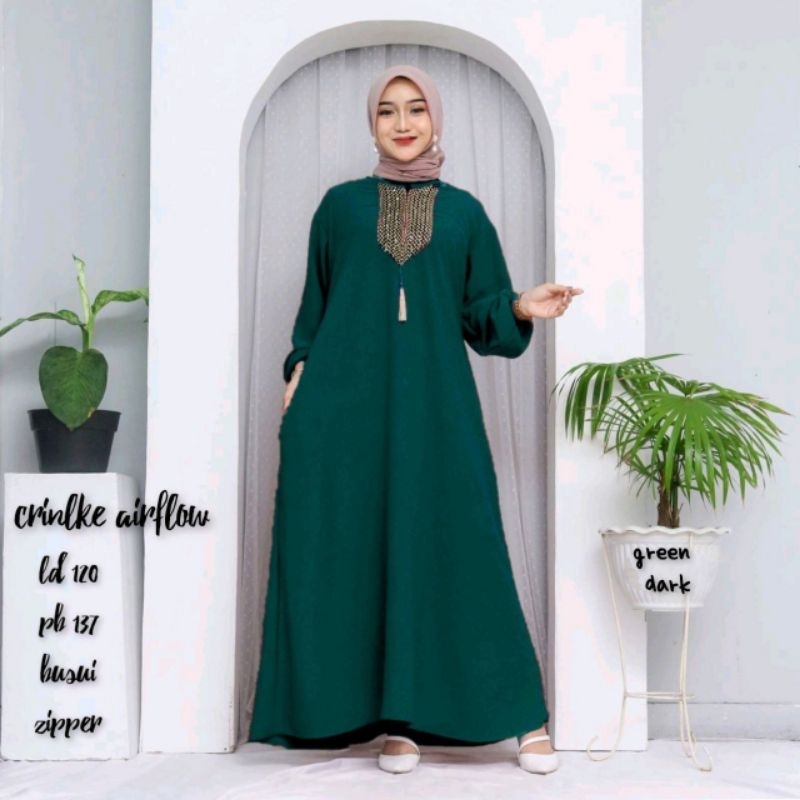 Gamis Crincle Airflow Premium Polos Wanita Dewasa Remaja Jumbo All Size Busui Zipper Depan Ameena Dress Terbaru