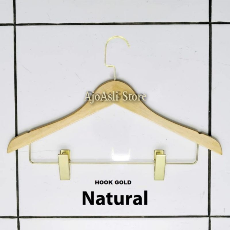 Hanger Kayu Natural Palang Besi Jepit Gold Gantungan