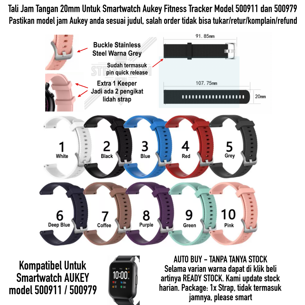 SBF Tali Jam Kompatibel Aukey Model 500911 / 500979 20mm - Strap Silikon Rubber