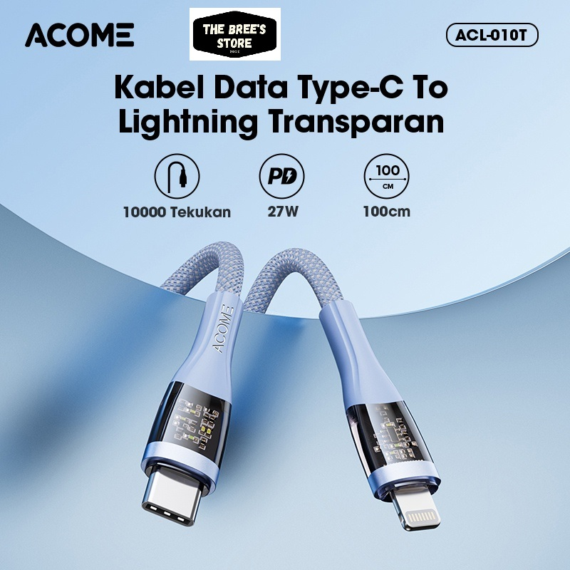 ACOME Kabel Data Charger Transparan 100cm Type C to Lightning Fast Charging PD 27W ACL-010T Original - Garansi Resmi 1 Tahun