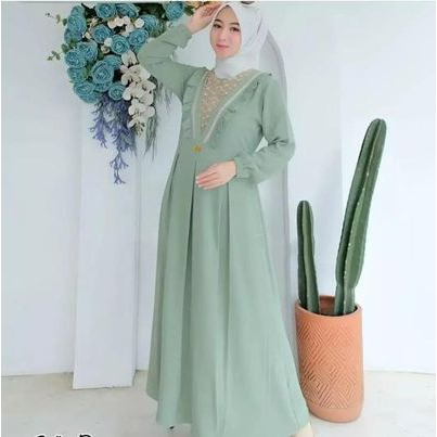 Fadilia dress kondangan gamis brukat crinkle gaun pesta muslimah baju muslim wanita terbaru sage