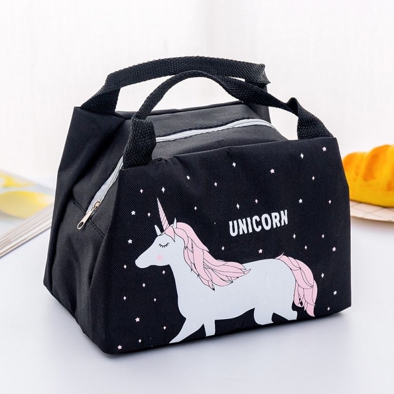 TAS BEKAL MAKANAN KARAKTER LUCU LOKAL / LUNCH BAG KARAKTER BAHAN D600 BAGUS TEBAL-Unicorn Hitam