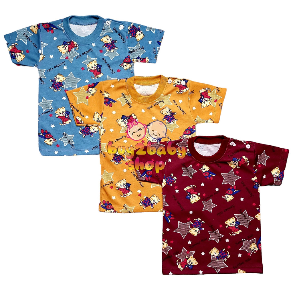 3 PCS Baju anak bayi kaos oblong katun motif warna premium Samleo Baby usia 0-2 Tahun isi 1-3 PCS