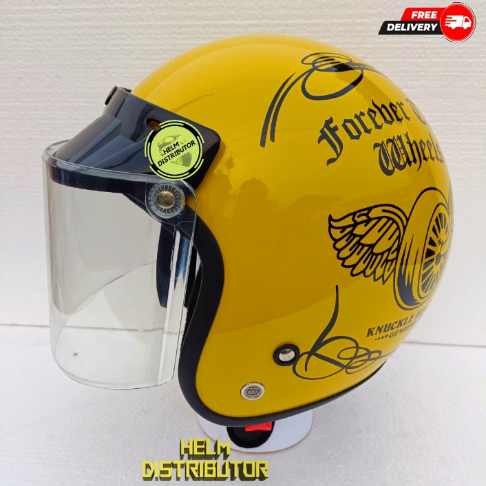 HELM BOGO RETRO MOTIF TWO WHEELS DEWASA KACA DATAR HITAM/BENING/SILVER/PELANGI PRIA WANITA COD