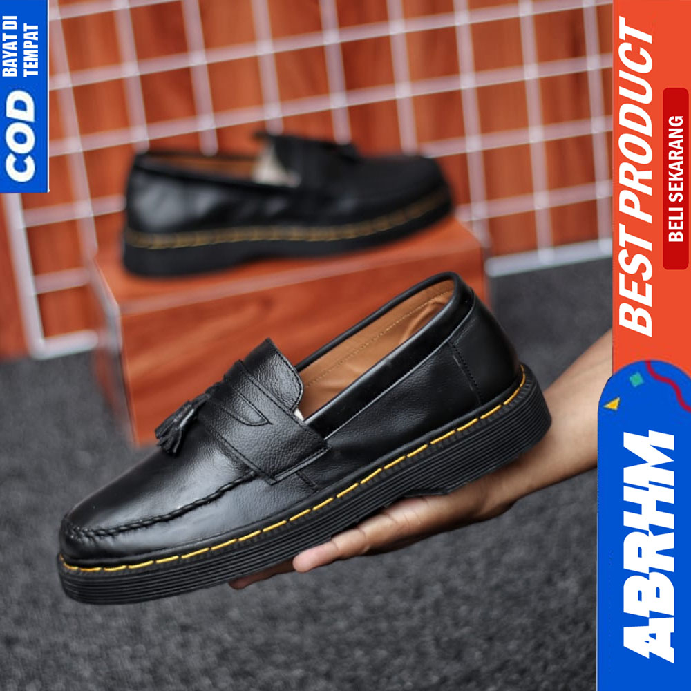 ABRHM Sepatu Loafers Docmart Pria Kulit Asli Kerja Hitam