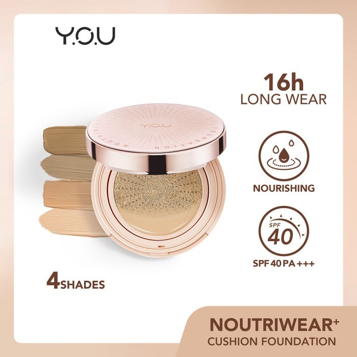 YOU NoutriWear+ Flawless Cushion Foundation Indonesia / 11g / 7 In 1 Perfect Cover All Day Longwear Immortelle C Lock Essence SPF 40 PA+++ / Pink Ivory Medium Beige Yellow Nude / Cosmetic Makeup Face / Y.O.U Series Refill / Lock Mist Powder Concealer TWC