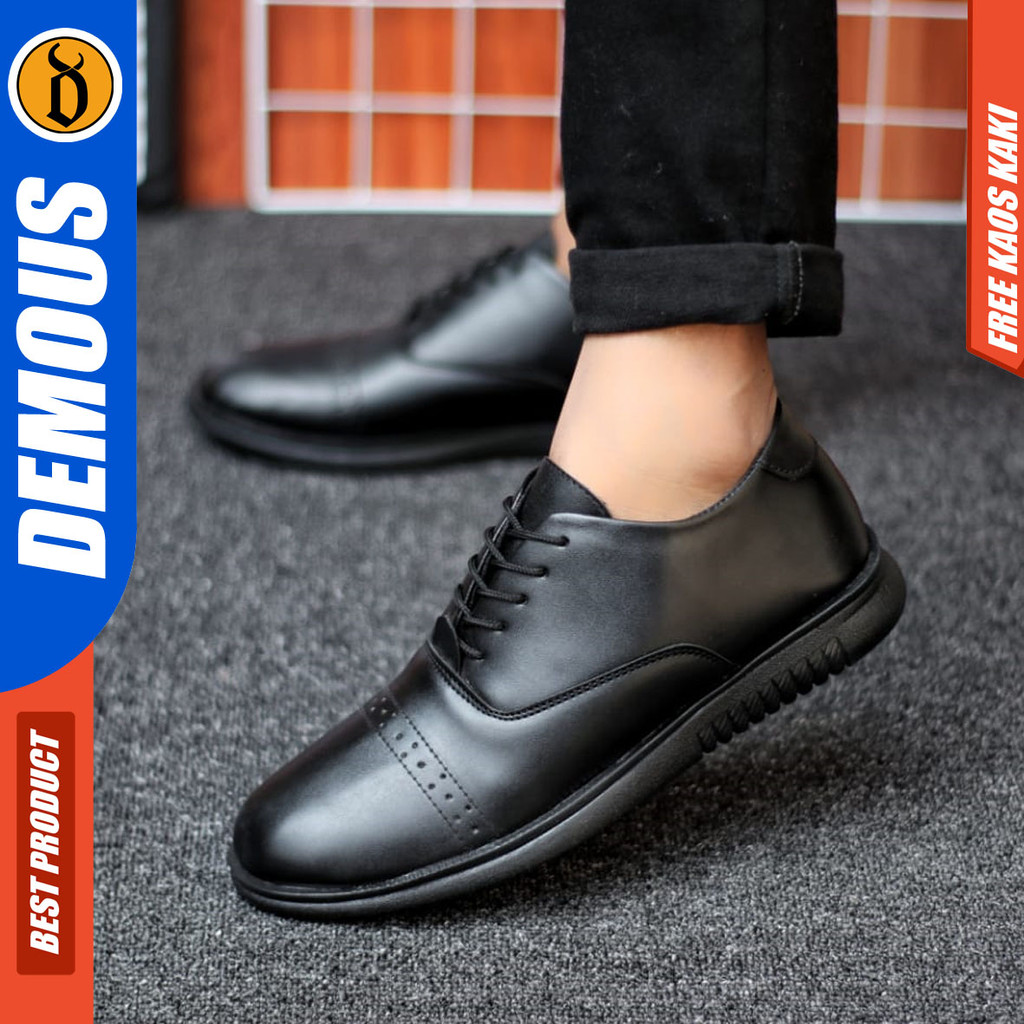 DEMOUS HATTE - Sepatu Formal Pria Kerja Kantor Kulit PU Hitam Pantofel Casual Cowok