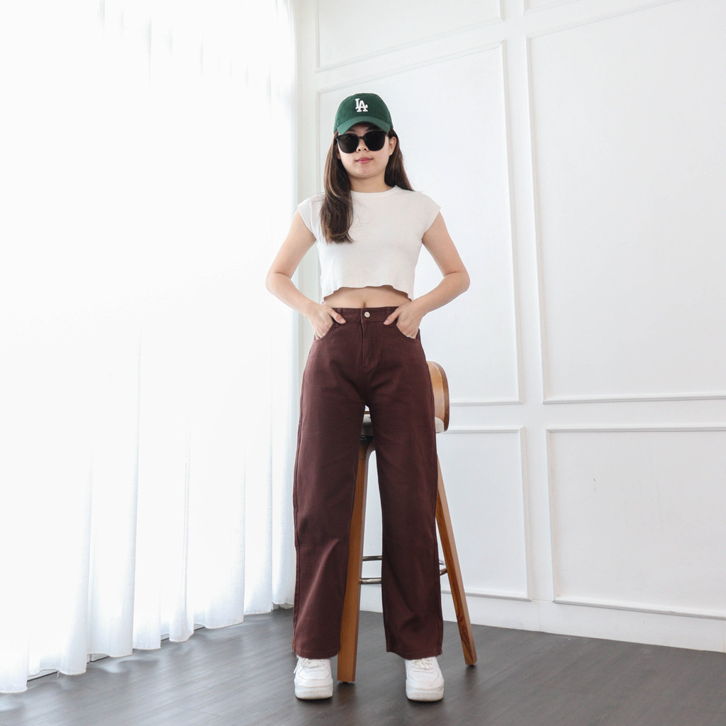 DEMORIN - Celana Jeans Bawahan Wanita Highwaist Straight Korean Plain Brown Polos Coklat X5006