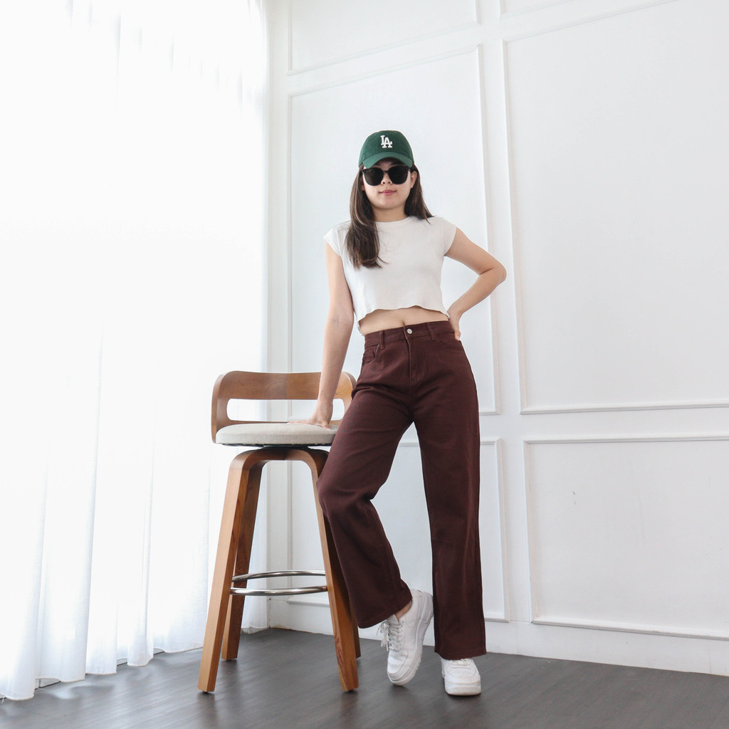 DEMORIN - Celana Jeans Bawahan Wanita Highwaist Straight Korean Plain Brown Polos Coklat X5006