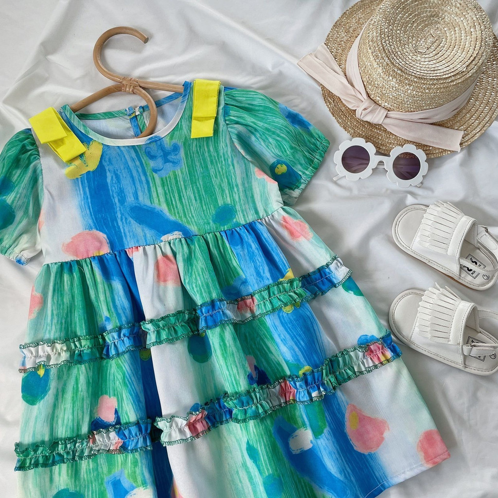 Dress Anak Perempuan Motif Tropical Tie Dye Pita Bahu / Tie Dye Dress Hari Libur