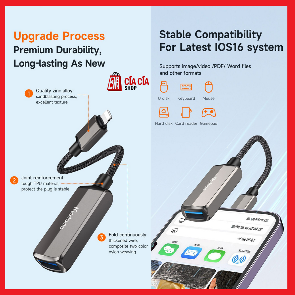 MCDODO CA-2690 Converter OTG USB 3.0 To Lightning Charger Iphone Ipad Adapter 2 in 1 Lightning To USB OTG Iphone