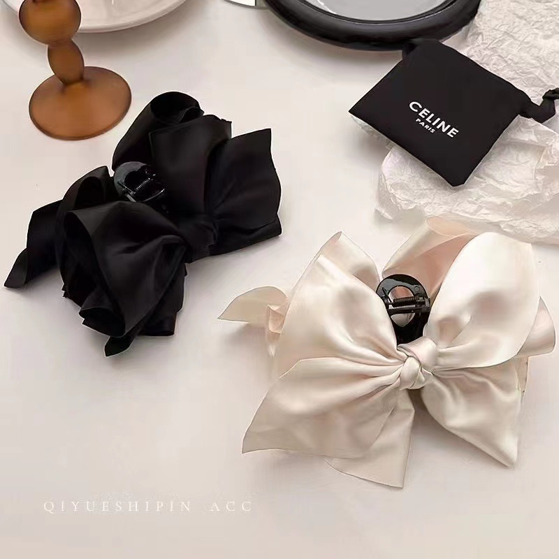 JEDAI PITA SATIN HITAM BOWKNOT BESAR IRREGULAR JEPIT RAMBUT JEPITAN KOREA BLACK BIG SILK BOW HAIR CLAW