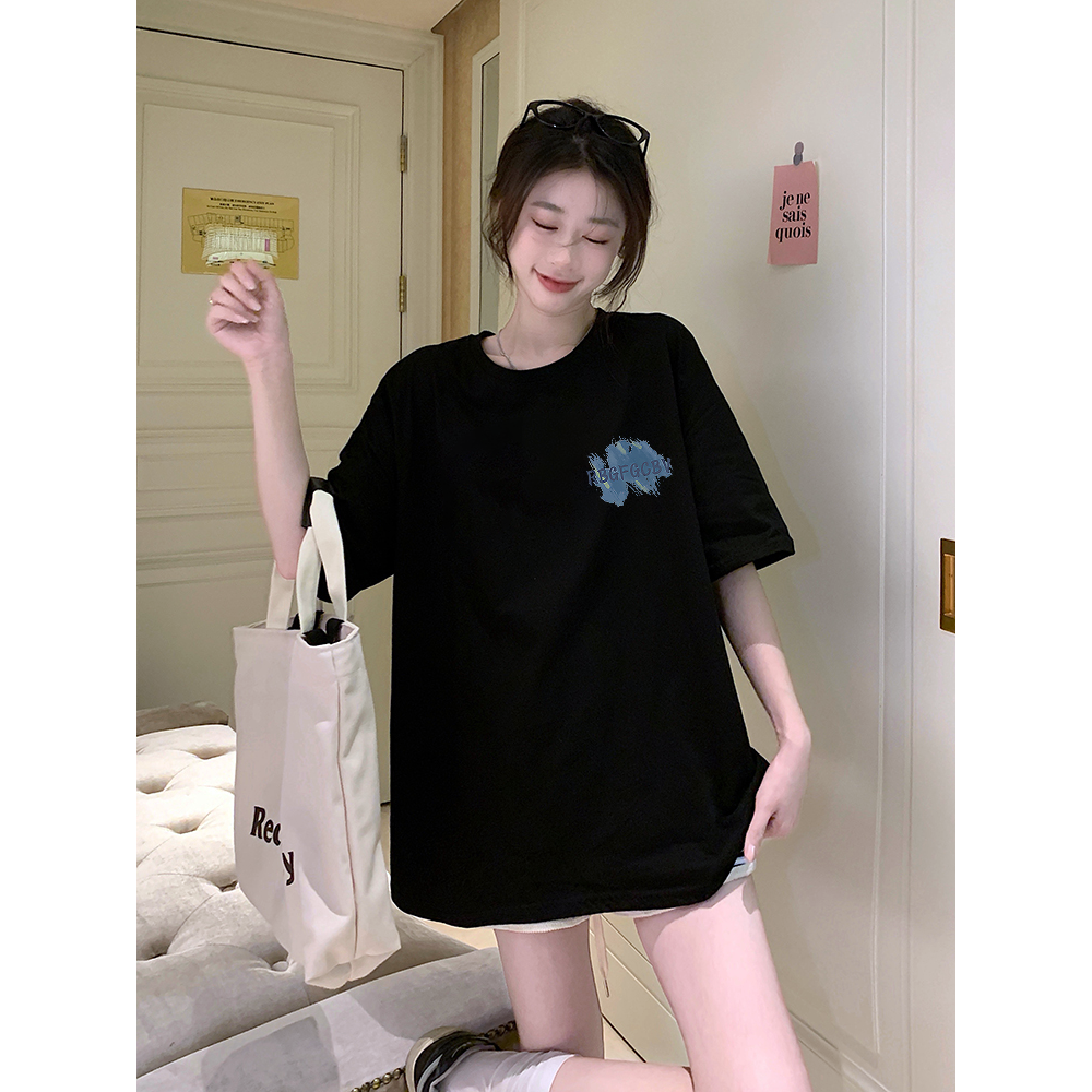 XiaoZhaiNv Korean Style Kaos Atasan Wanita Grafiti Biru Pattern Lengan Pendek A0381