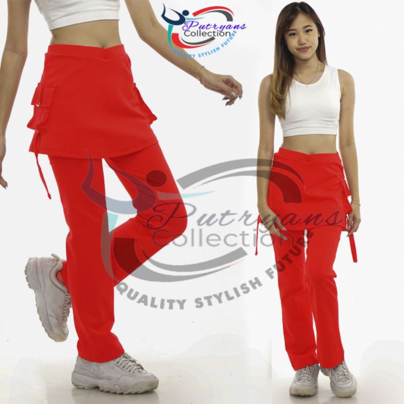 celana senam rok kantong merah