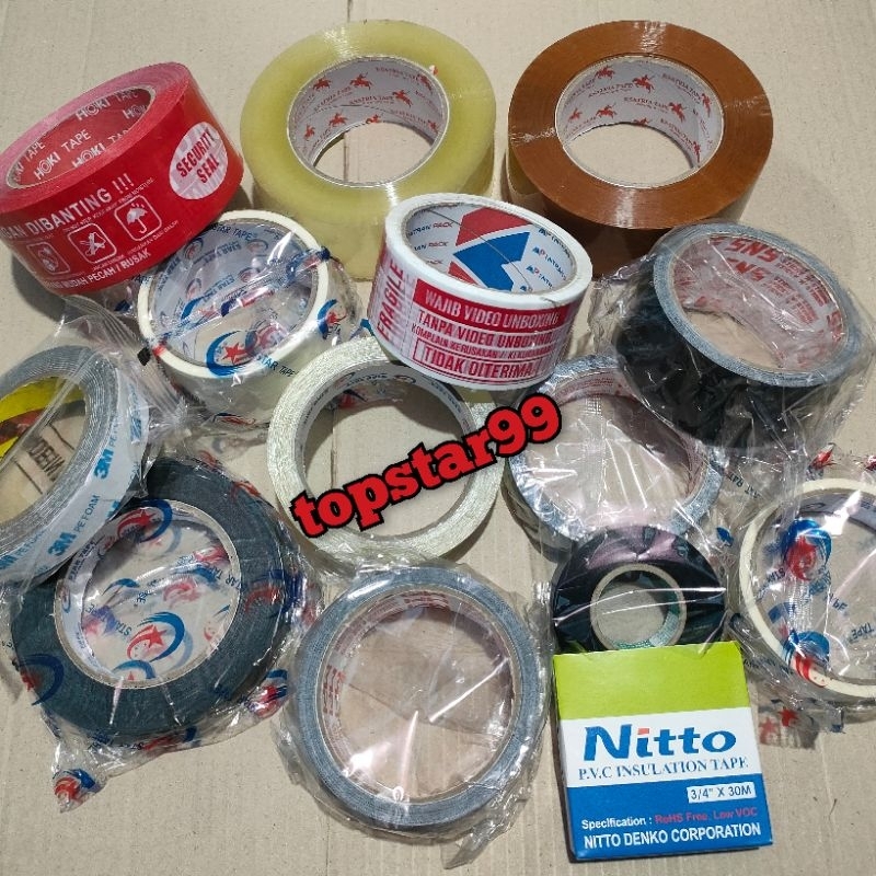 Lakban Isolasi Solatip Daoble Tape  Busa Kain Kertas Bening Coklat Hitam Merah Putih 1 1.5 2 Inch