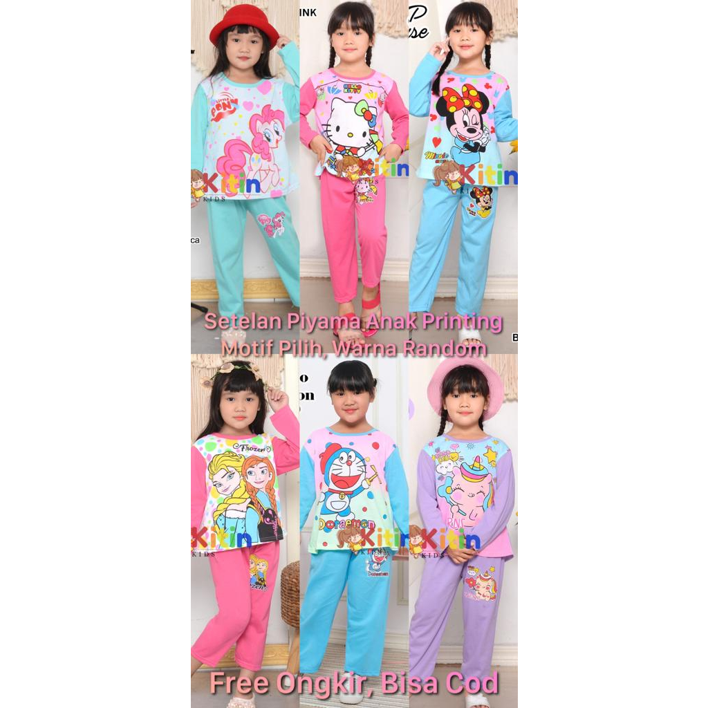 HP SETELAN BAJU PIYAMA DAN TIDUR ANAK CEWEK/PEREMPUAN 2-9 TAHUN PRINTING MOTIF BT21/BTS FROZEN PONI 