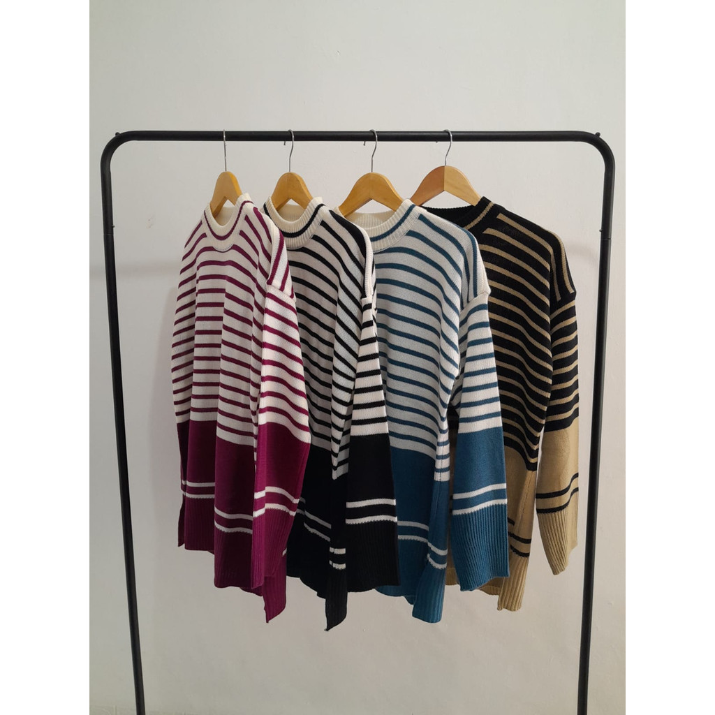 Nina Sweater Rajut Wanita 2 Tone Stripe Oversize