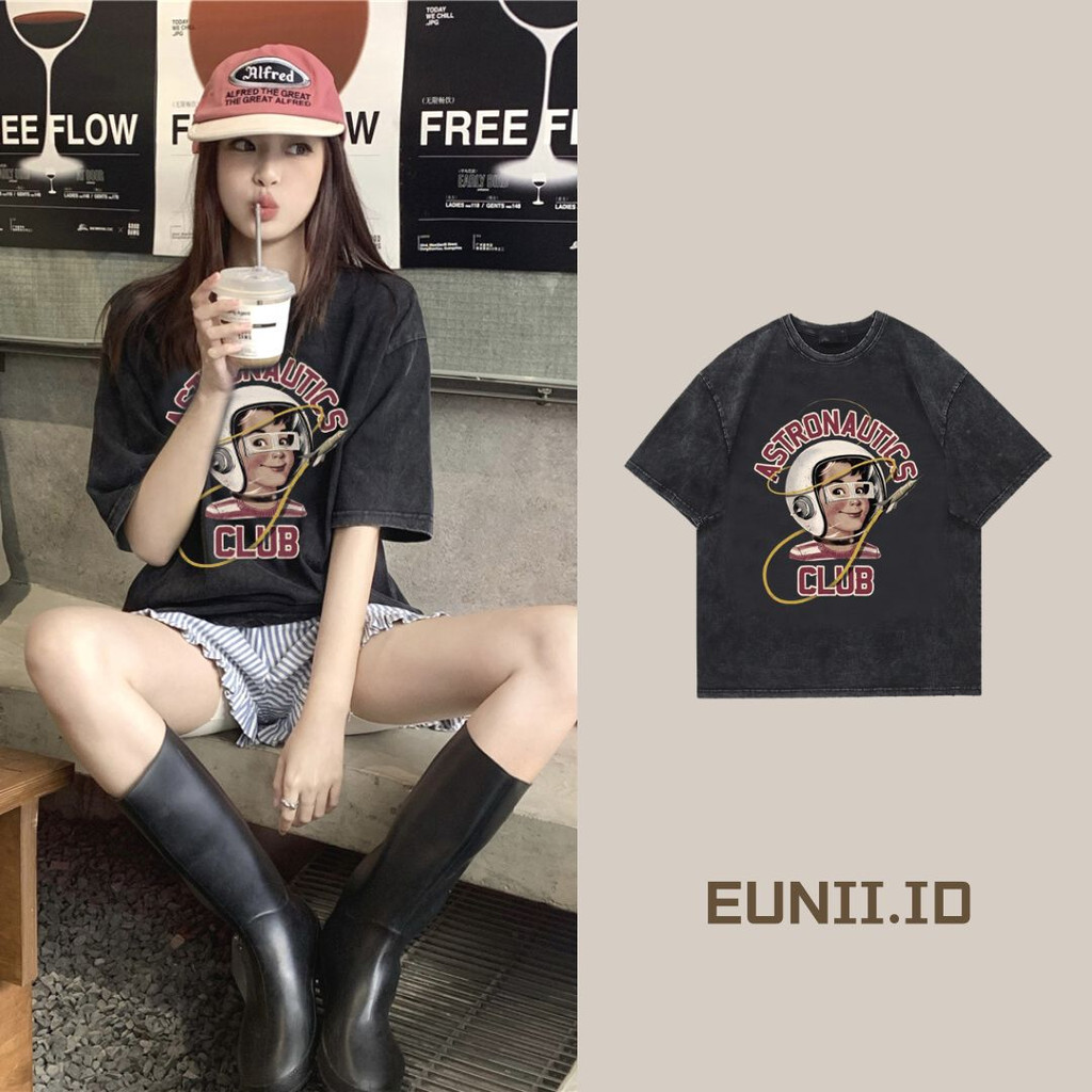 EUNII T-shirt Lengan Pendek Black Washed Cartoon Aviation Man Printing Korean Style/Kaos Atasan Wanita/Baju Wanita/Kaos Wanita