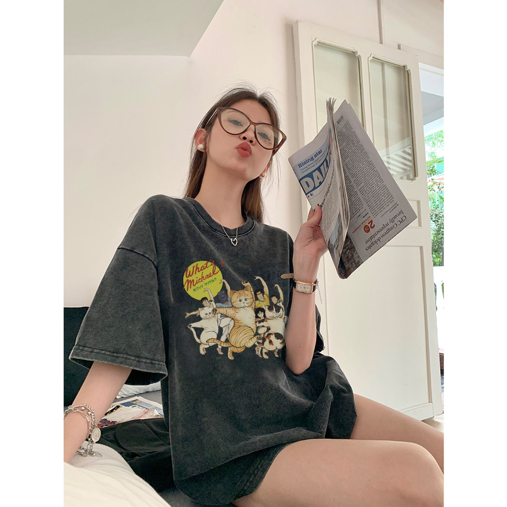 EUNII T-shirt Lengan Pendek Black Washed Cartoon Funny Cat Printing Korean Style/Kaos Atasan Wanita/Baju Wanita/Kaos Wanita