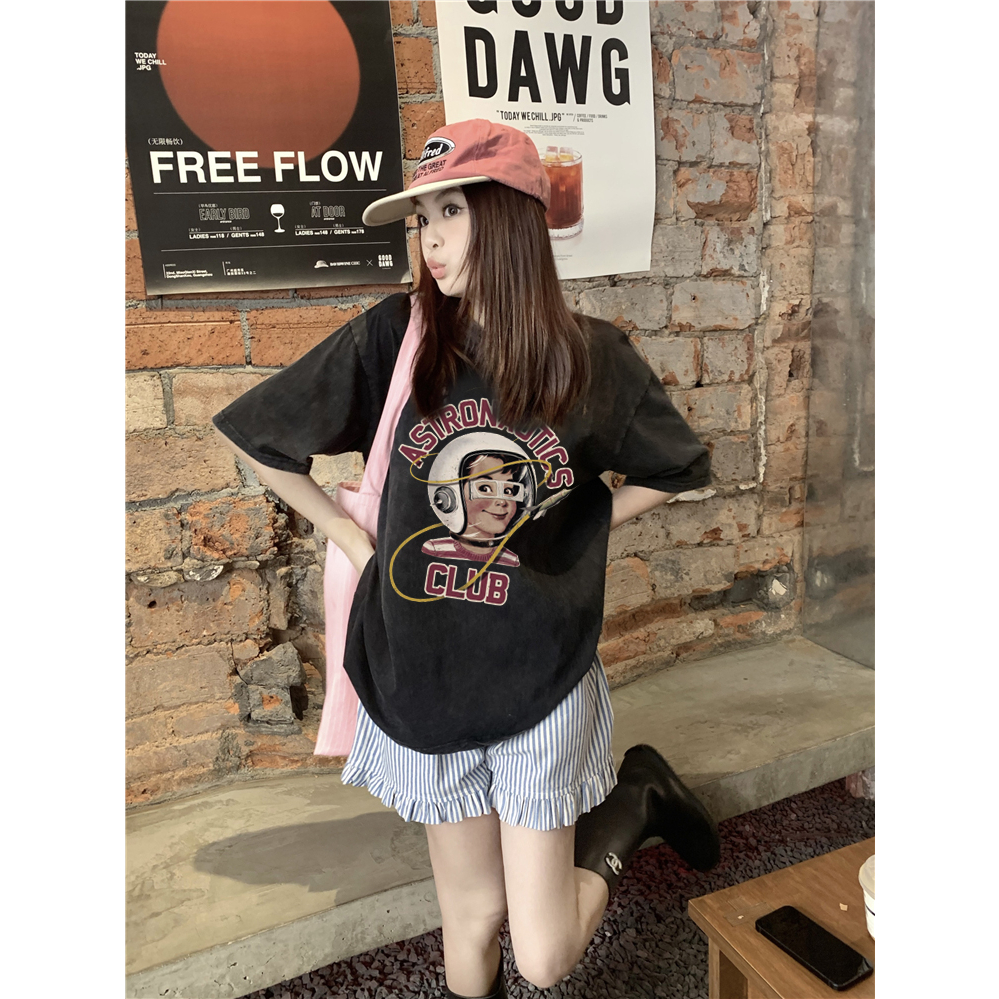 EUNII T-shirt Lengan Pendek Black Washed Cartoon Aviation Man Printing Korean Style/Kaos Atasan Wanita/Baju Wanita/Kaos Wanita