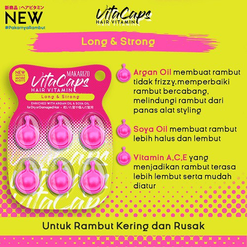 MAKARIZO Vitacaps Hair Vitamin Indonesia / Vitamin Rambut Blister 6 Capsules x 1ml / Long &amp; Strong / Cashmere Smooth / Prismatic Shine &amp; Color Reflect / Kering Rusak Bercabang / Rapuh Kusam / Alami Diwarnai / Halus Lembut Berkilau / Treatment Perawatan