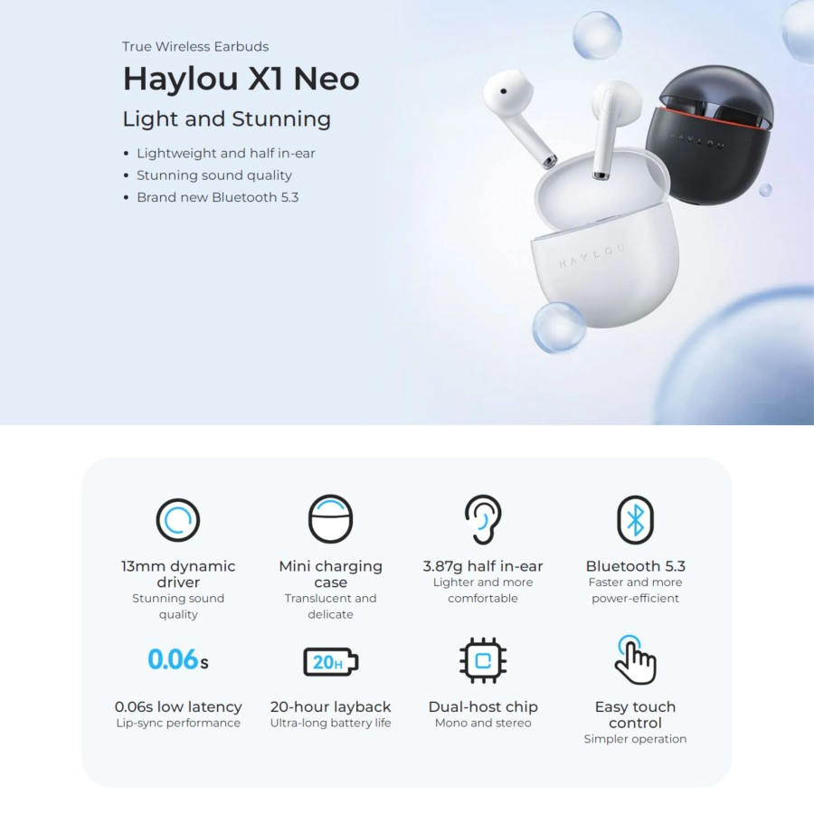 Haylou X1 Neo TWS Bluetooth 5.3 Low Latency Battery Life 20 Hours