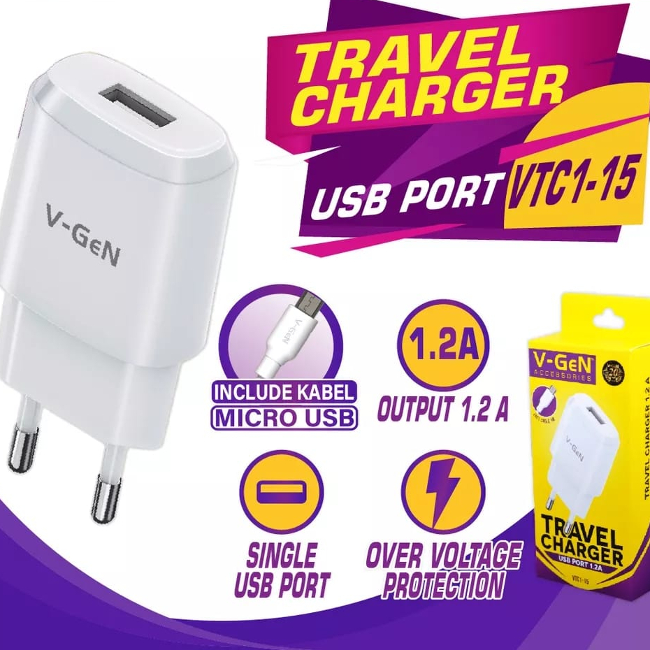 Adaptor Charger V-GeN VTC1-15 1.2A 1 Single USB PORT With USB MICRO Travel Charger VGEN