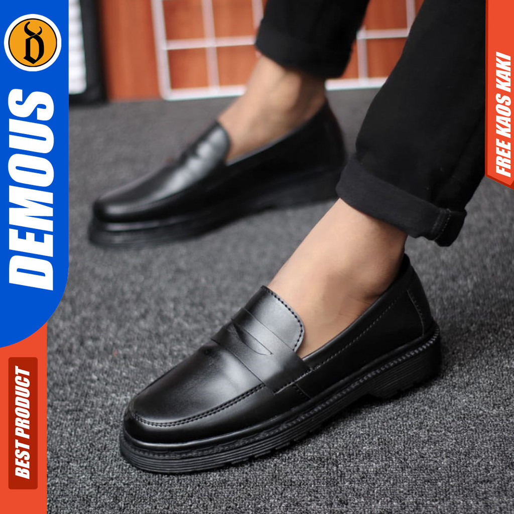 DEMOUS POLIS - Sepatu Loafers Pantofel Formal Docmart Slip On Pria Kerja Kulit PU