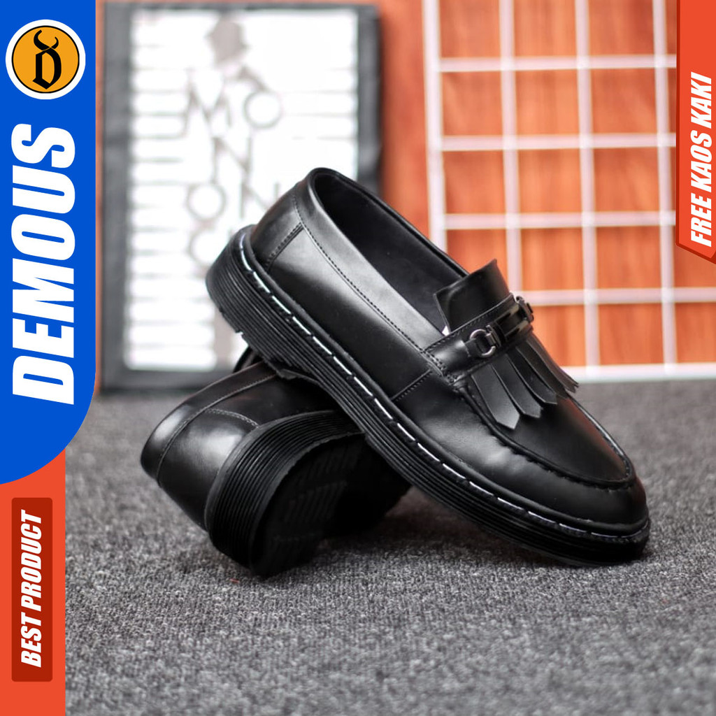 DEMOUS HIMAWARI - Sepatu Loafers Pantofel Formal Pria Docmart Casual Kulit PU Hitam Kerja Pria