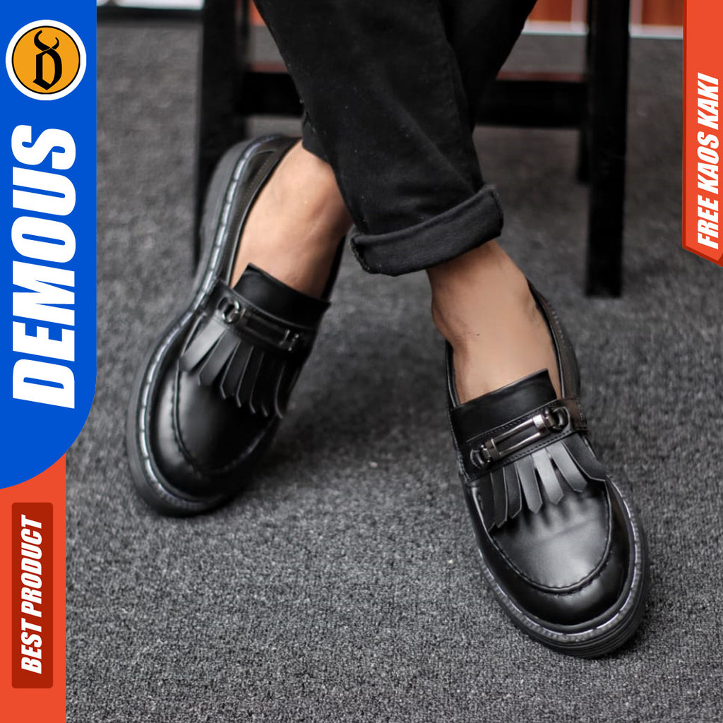 DEMOUS HIMAWARI - Sepatu Loafers Pantofel Formal Pria Docmart Casual Kulit PU Hitam Kerja Pria