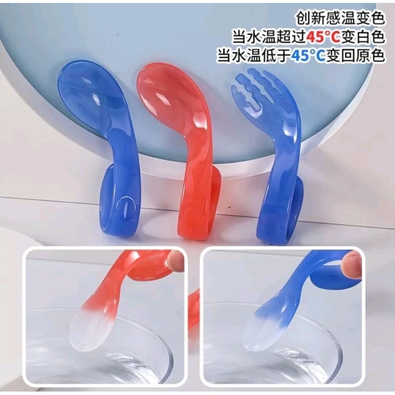 Sendok Garpu Makan Bayi Sensor Suhu Panas / Set Peralatan MPASI Bayi / Training Spoon Baby