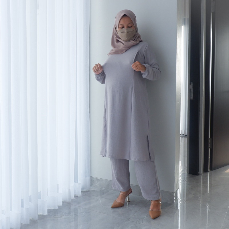 Baju Setelan Menyusui Bukaan Samping Kanan Kiri Bahan Airflow Crinkle BUSUI Adira One Set
