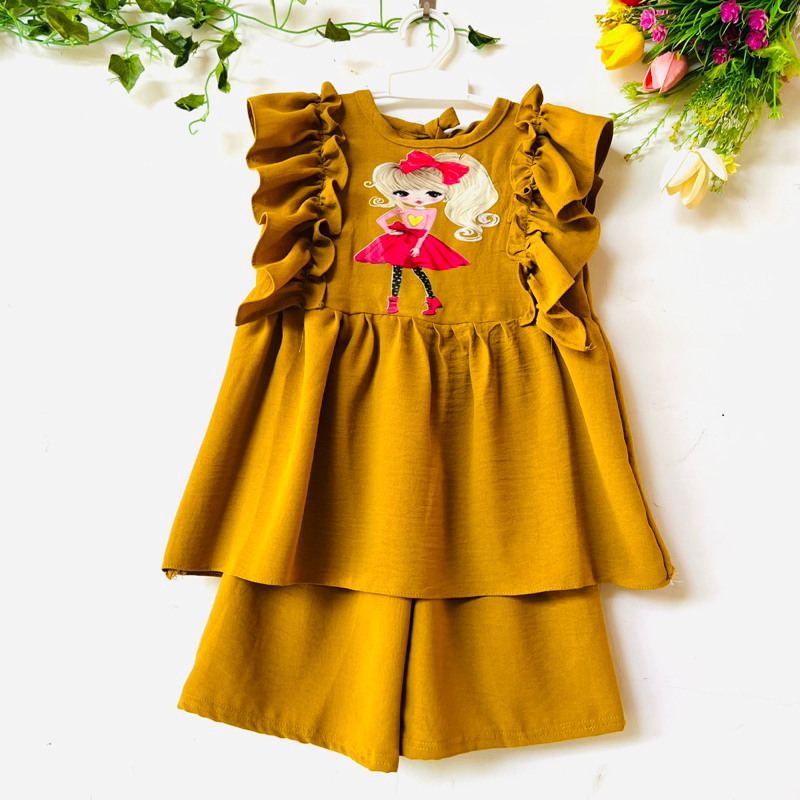 Setelan Anak 2 3 4 Tahun Anak Cewek Perempuan Crinkle Ruffle lucu set anak crinkle sablo kartun lucu kekinian terbaru ( Setelan Ruffle Ciwi dan Ruffle Mixue )