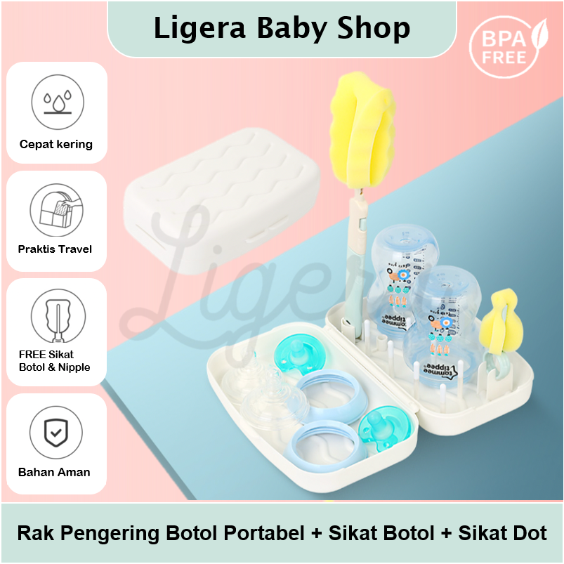 LIGERA Travel Portable Drying Rack with Bottle Brush Kotak Rak Pengering Botol Susu On-The-Go Sikat