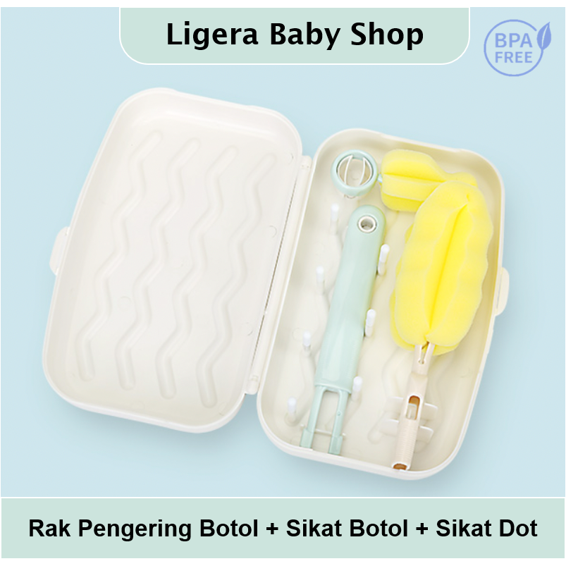 LIGERA Travel Portable Drying Rack with Bottle Brush Kotak Rak Pengering Botol Susu On-The-Go Sikat