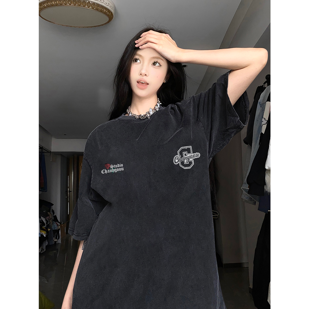 XIAOZHAINV Korean Style Mawar Merah Pattern Washed Printing Kaos Wanita A0222/Atasan Wanita Terbaru