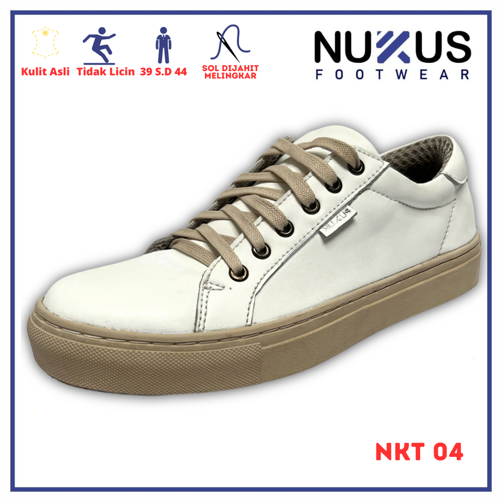 Nukus Sepatu Pria Sneakers Classic Tali Kulit Asli Putih - NKT 04