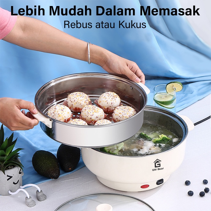 GM BEAR PANCI LISTRIK PLUS KUKUSAN STAINLESS SERBAGUNA  2in1 1225 ELEKTRIC COOKING POT