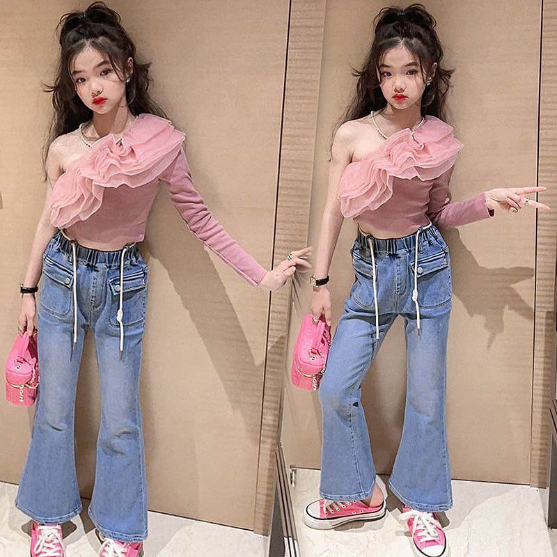 Setelan Anak Perempuan Teenager Crop Top One Shoulder